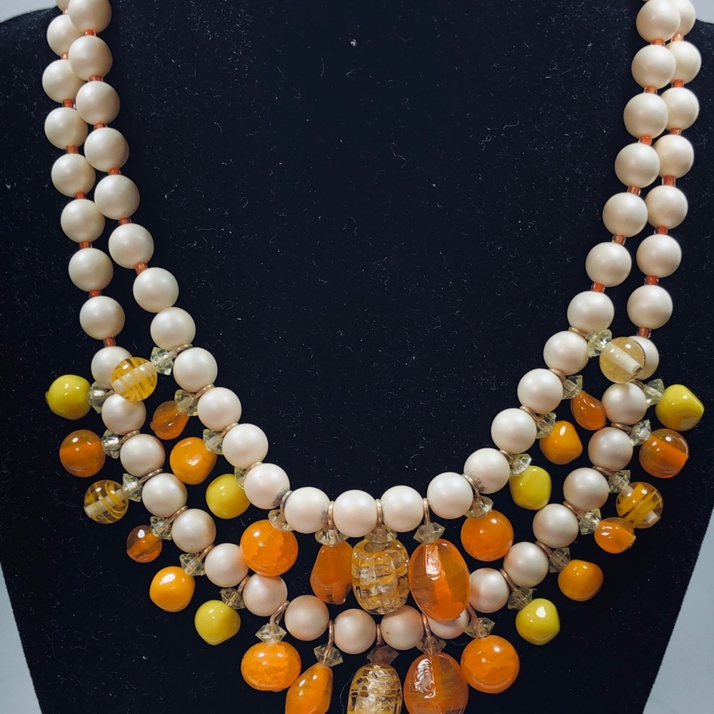 Vintage Cream , Yellow and Orange Beaded 2 Strand Necklace Multi-Strand Necklace
